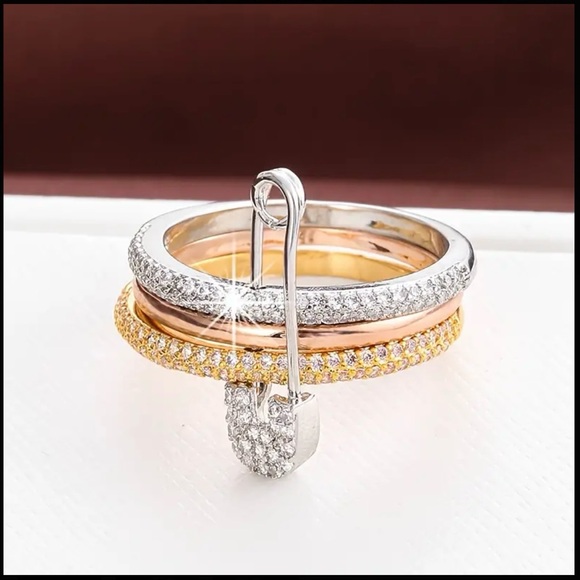 Multi-Layer Safety Pin Ring with Shining Zirconia Stones - Picture 2 of 6